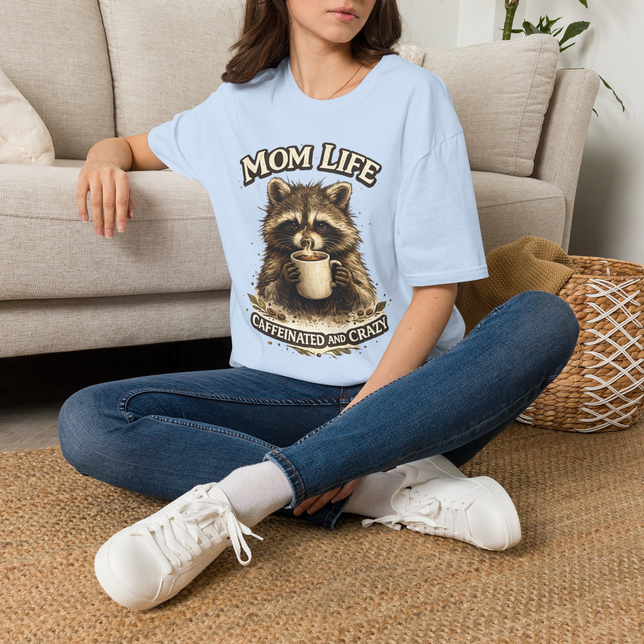 Mom Life T-Shirt — 'Caffeinated and Crazy' Raccoon Mom Tee