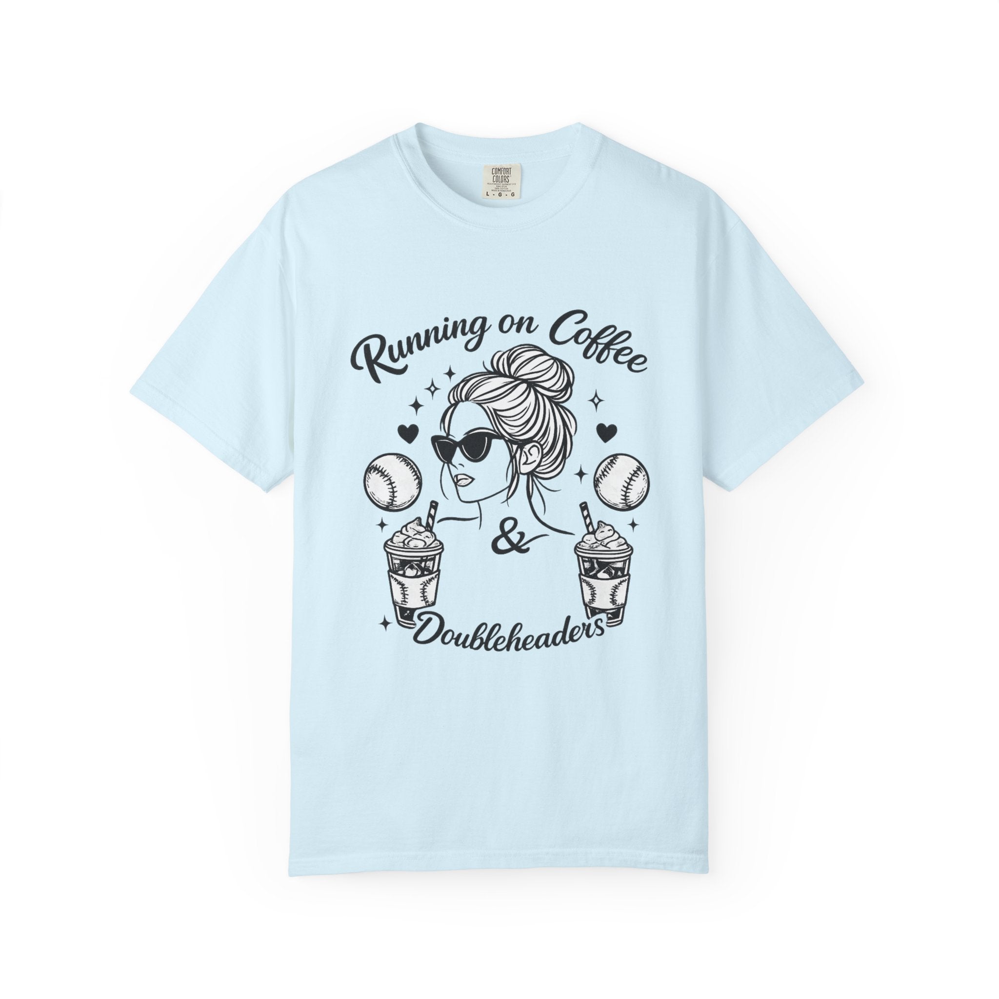 Running on Coffee & Doubleheaders T-Shirt – Softball/ Baseball Mom Graphic Tee
