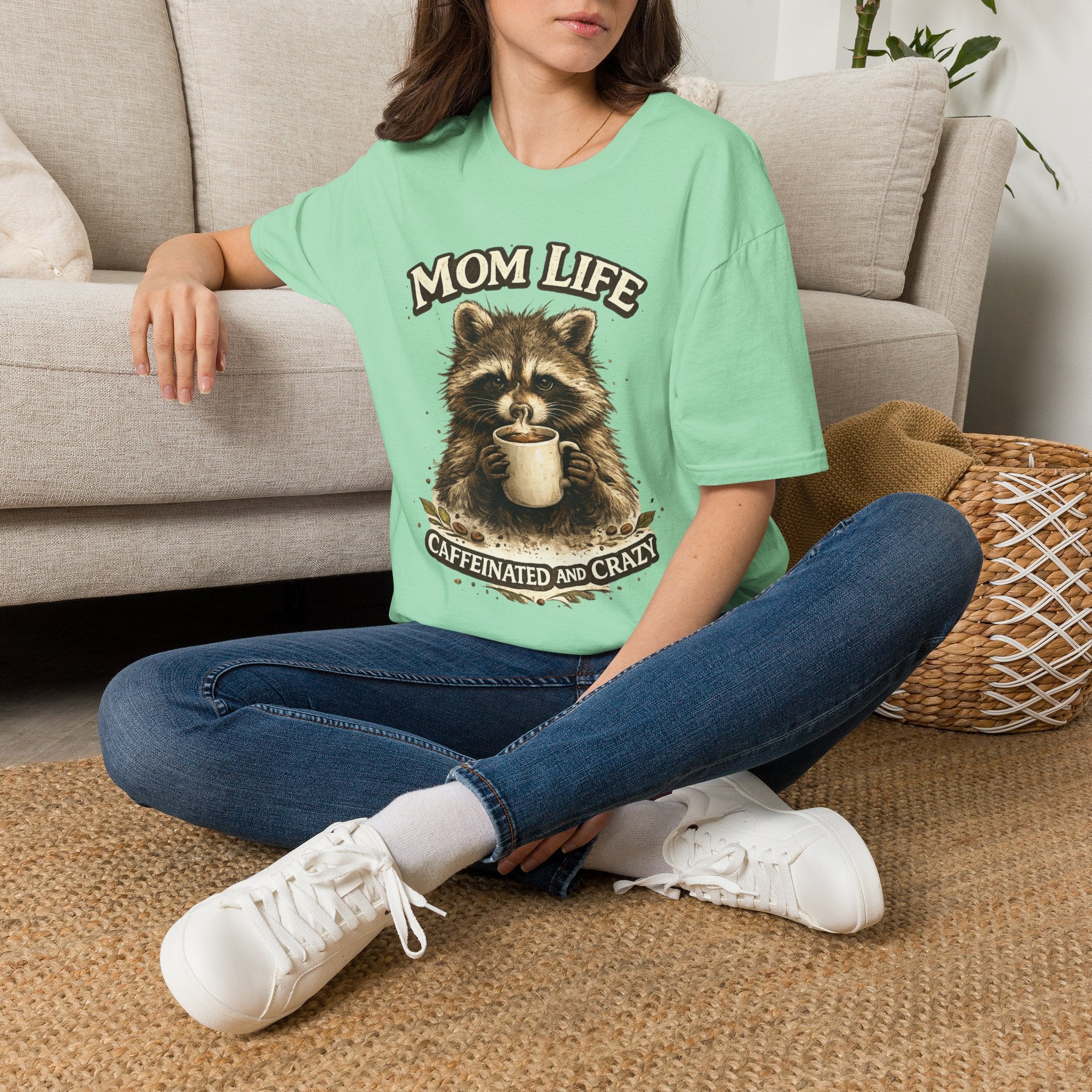 Mom Life T-Shirt — 'Caffeinated and Crazy' Raccoon Mom Tee