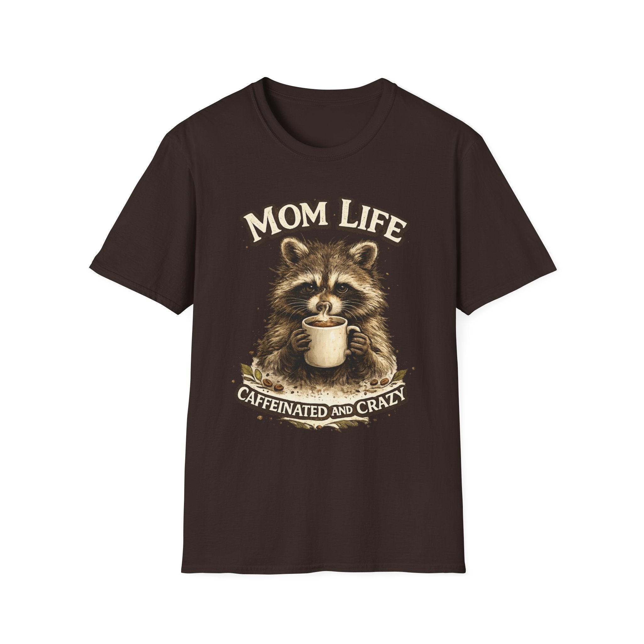 Mom Life T-Shirt — 'Caffeinated and Crazy' Raccoon Mom Tee