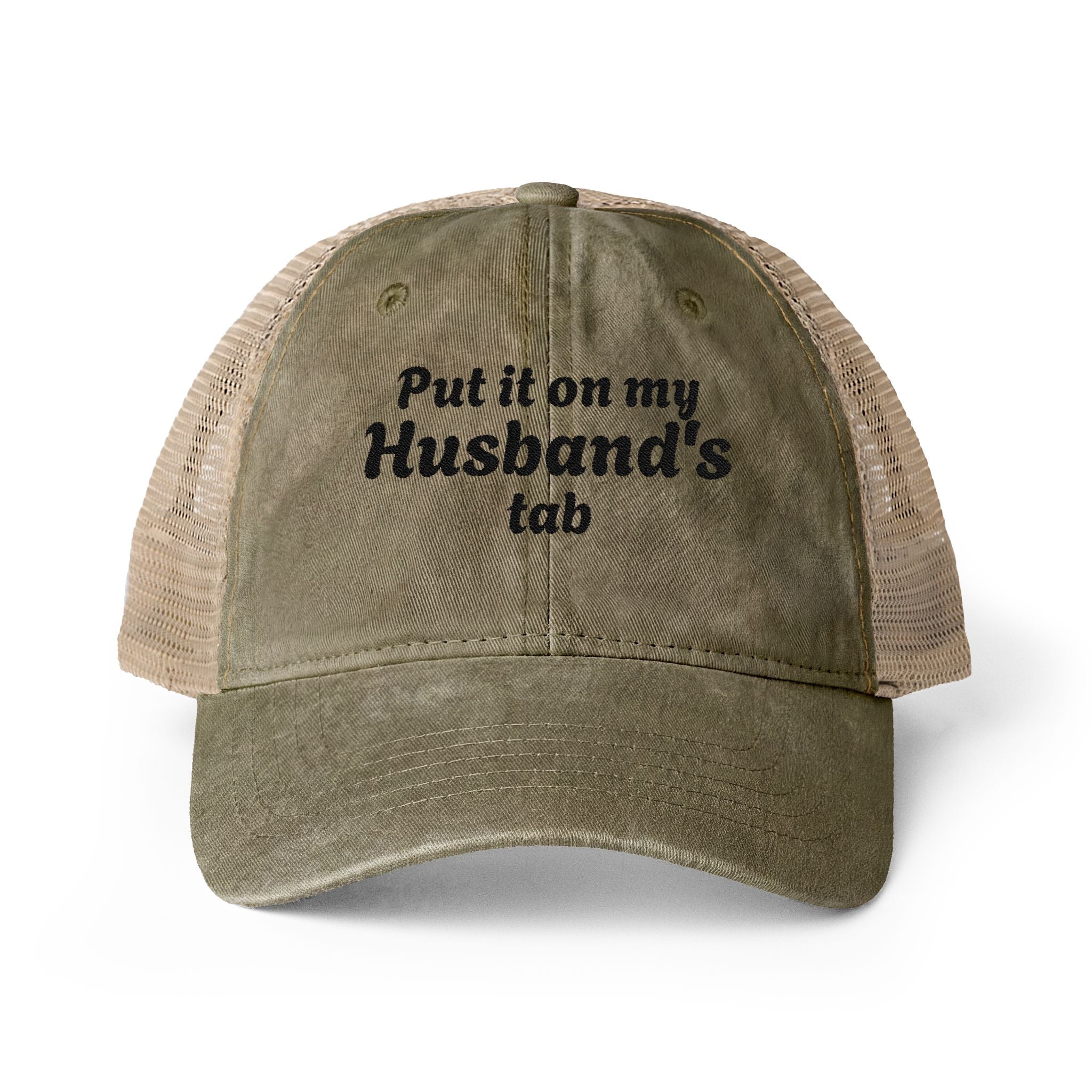 "Put it on my Husband's Tab" Women's Washed Mesh-Back Cap