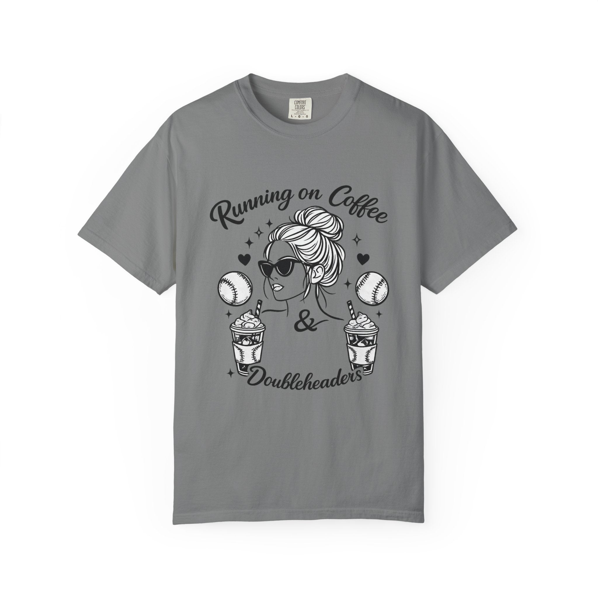 Running on Coffee & Doubleheaders T-Shirt – Softball/ Baseball Mom Graphic Tee