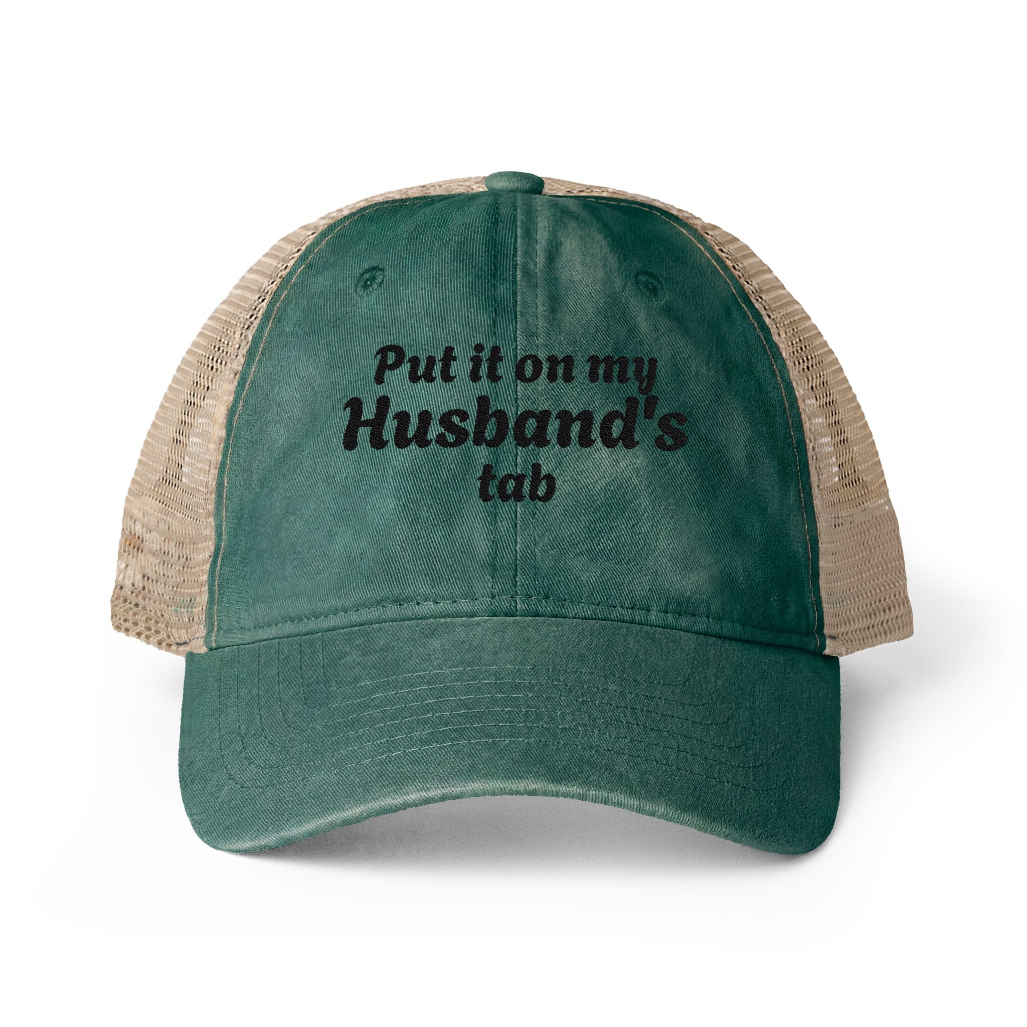 "Put it on my Husband's Tab" Women's Washed Mesh-Back Cap