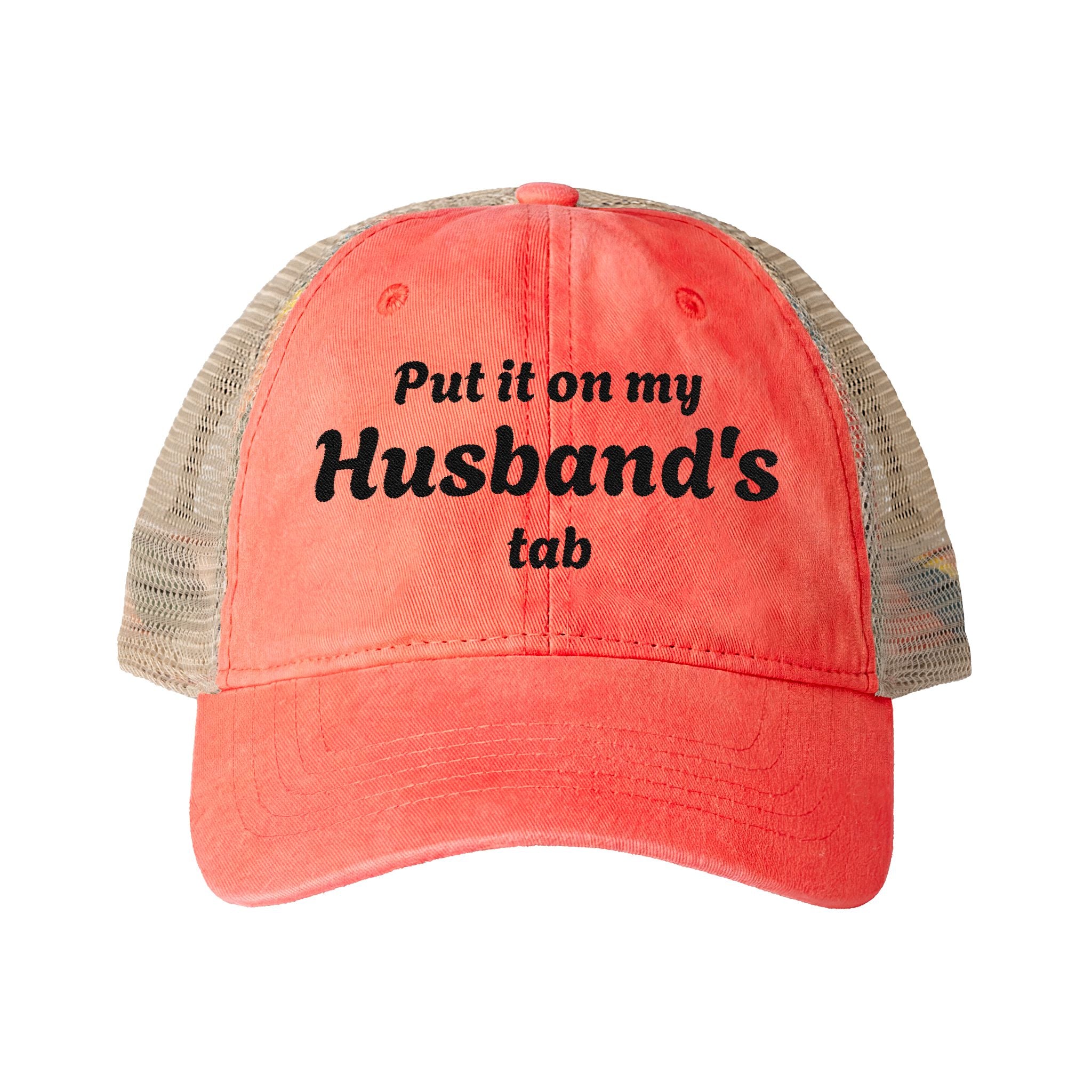 "Put in on my Husband's Tab" Women's Washed Mesh-Back Cap