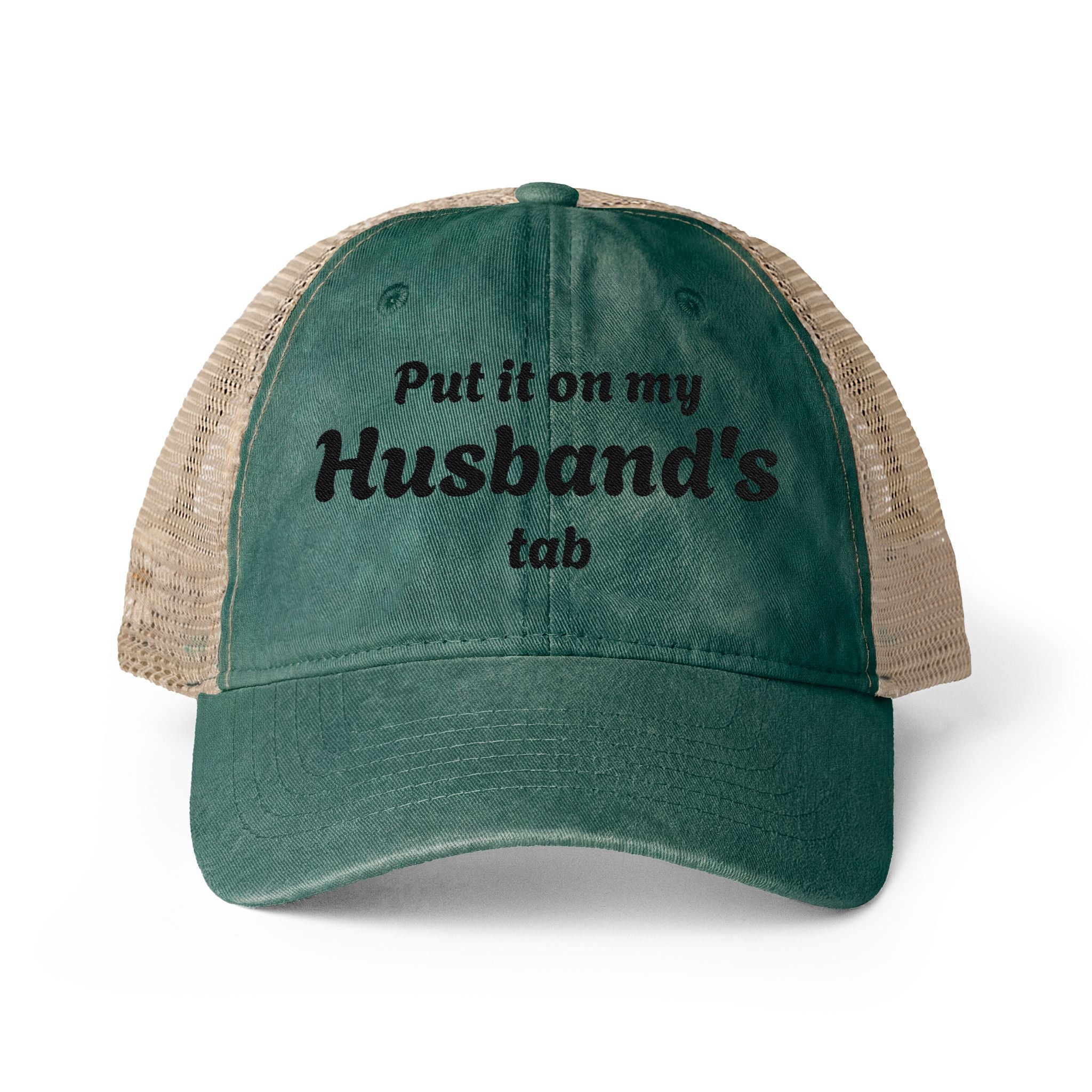 "Put in on my Husband's Tab" Women's Washed Mesh-Back Cap