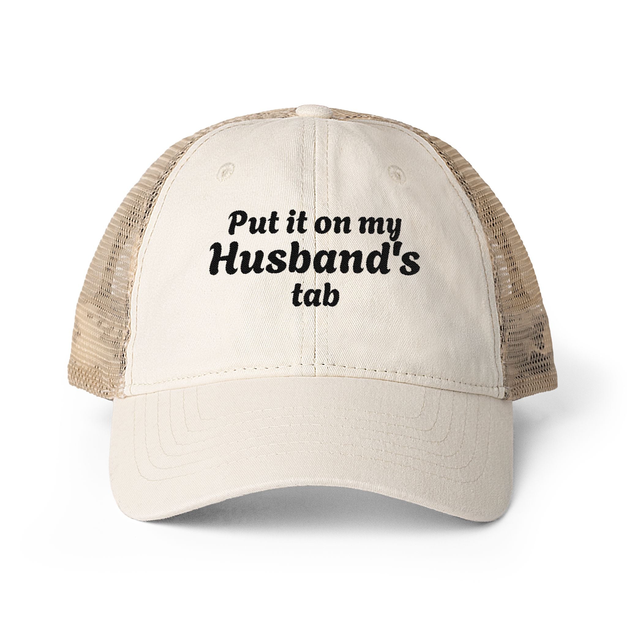 "Put it on my Husband's Tab" Women's Washed Mesh-Back Cap