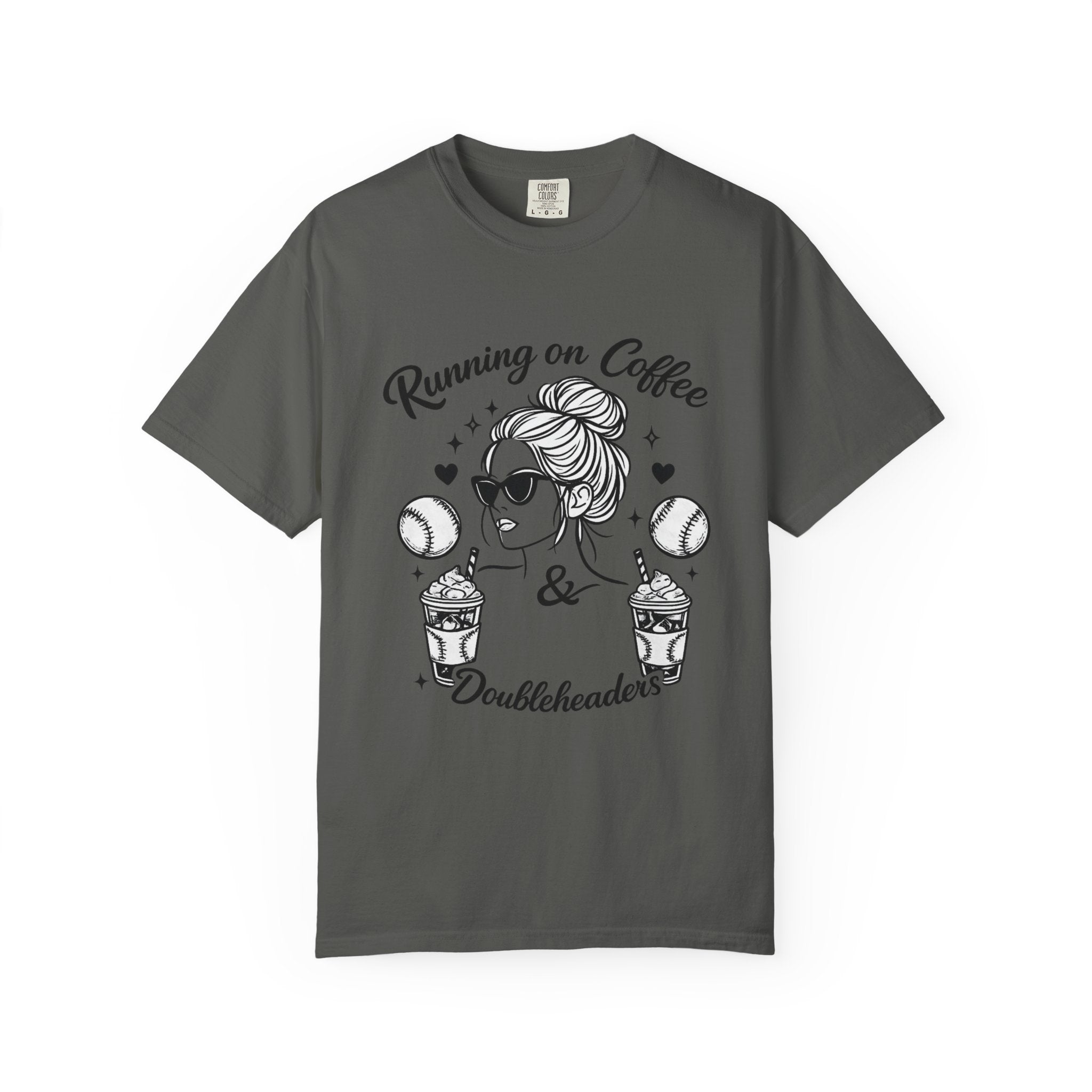 Running on Coffee & Doubleheaders T-Shirt – Softball/ Baseball Mom Graphic Tee