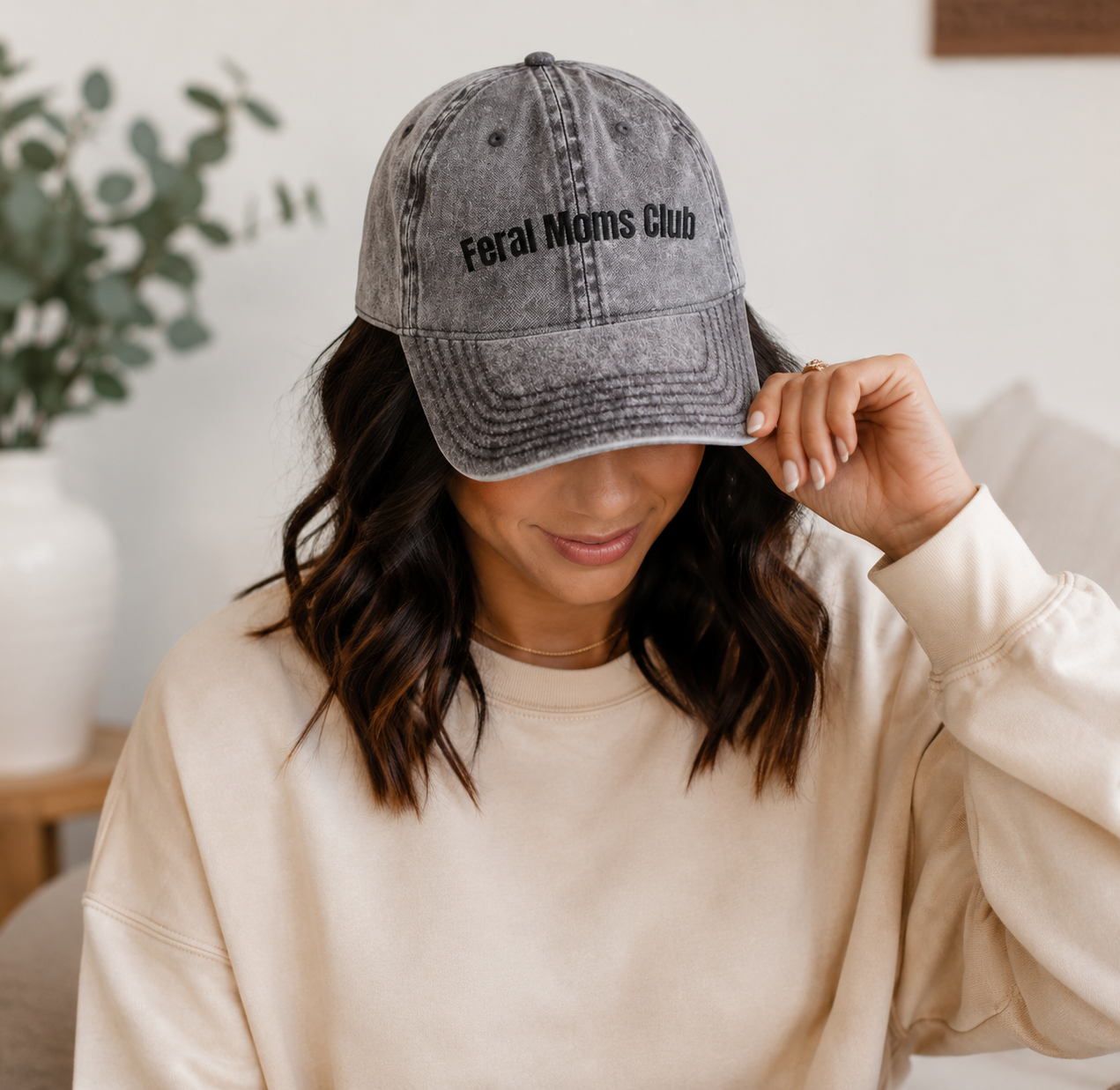 Vintage Embroidered Cap — "Feral Moms Club" Distressed Hat