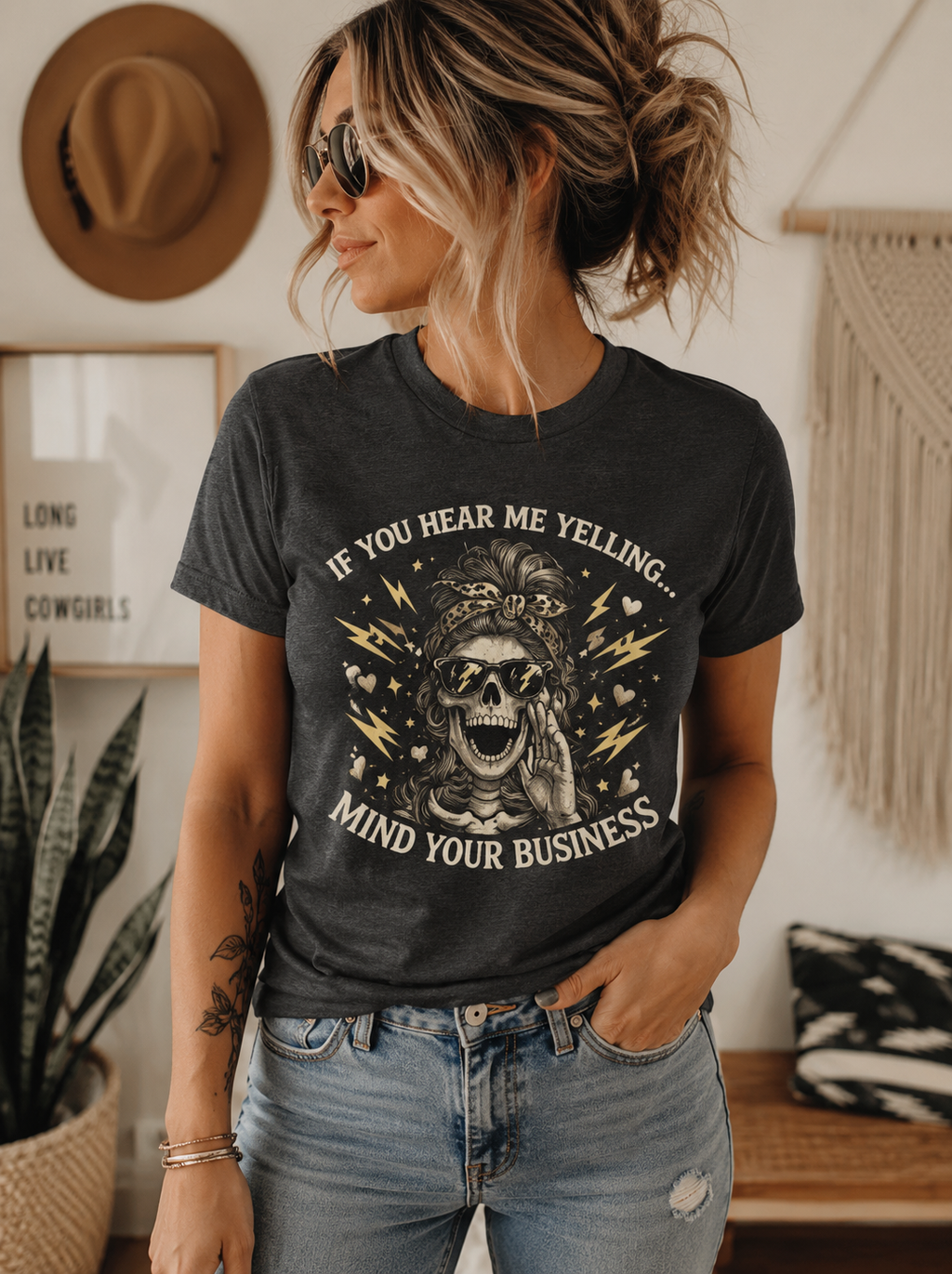 Women's Tee — 'If You Hear Me Yelling, Mind Your Business' Skull Graphic
