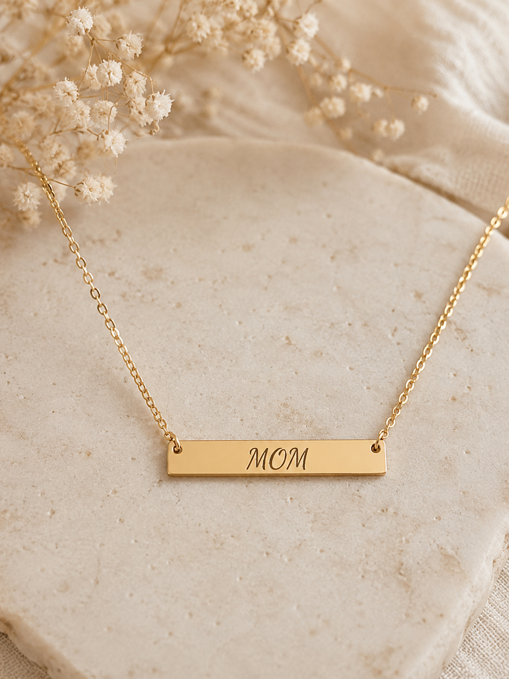 Engraved "MOM" Horizontal Bar Necklace — Personalized Mother’s Pendant