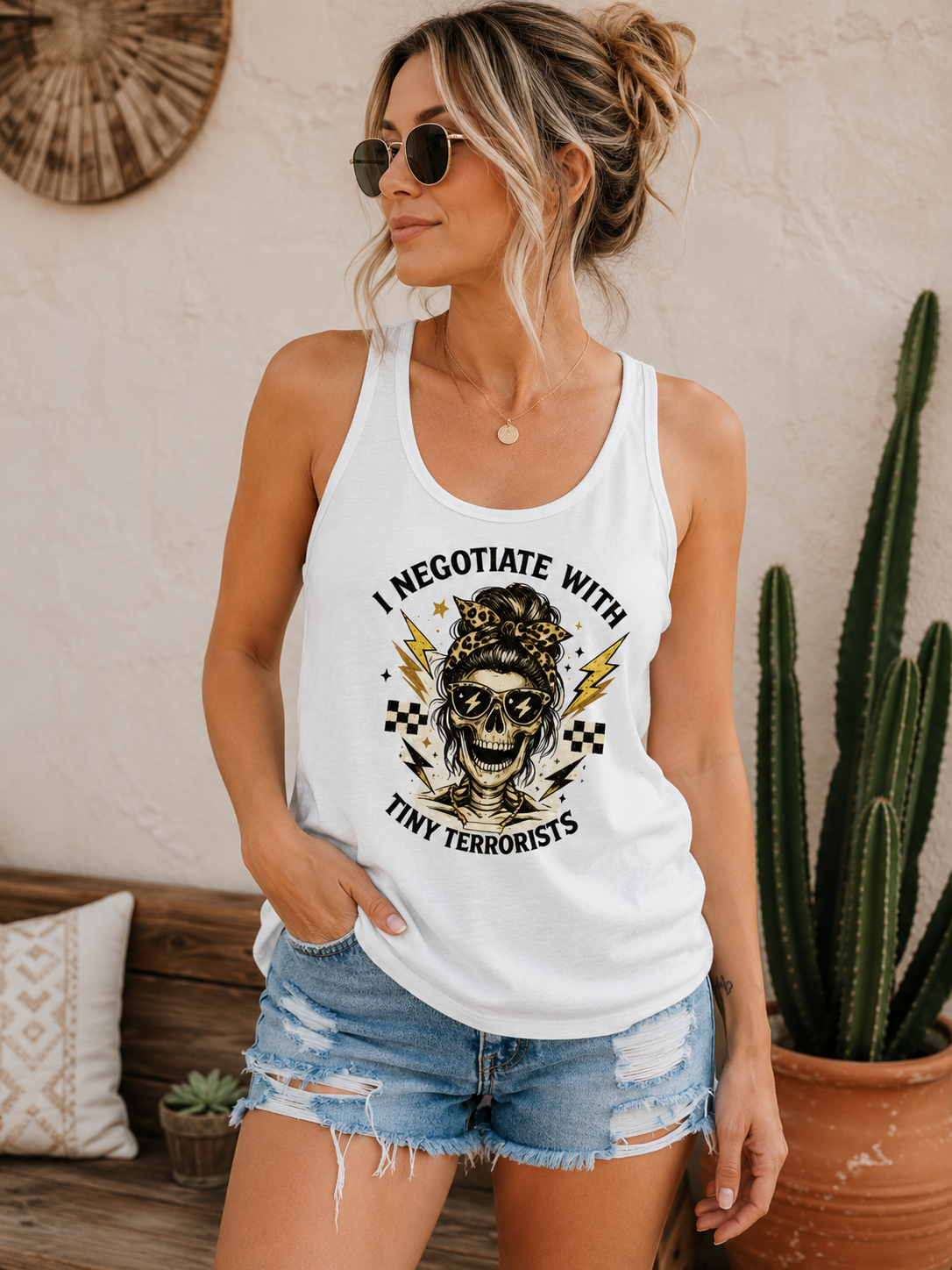 Skull Mom Tank — "I Negotiate With Tiny Terrorists" Graphic Tank Top