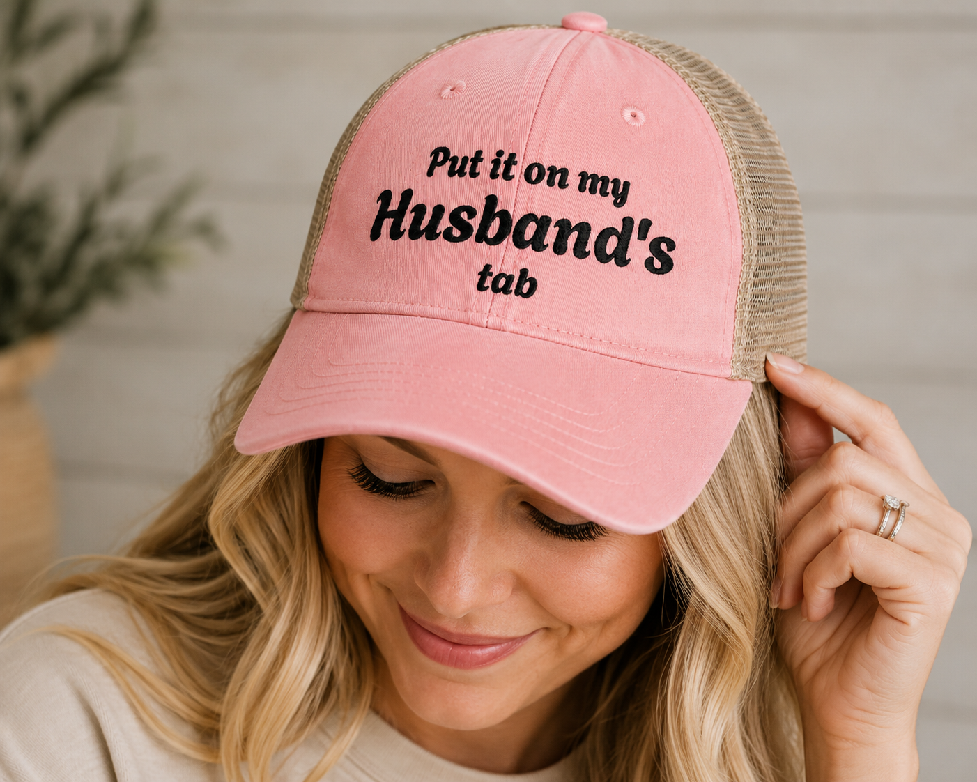 "Put in on my Husband's Tab" Women's Washed Mesh-Back Cap
