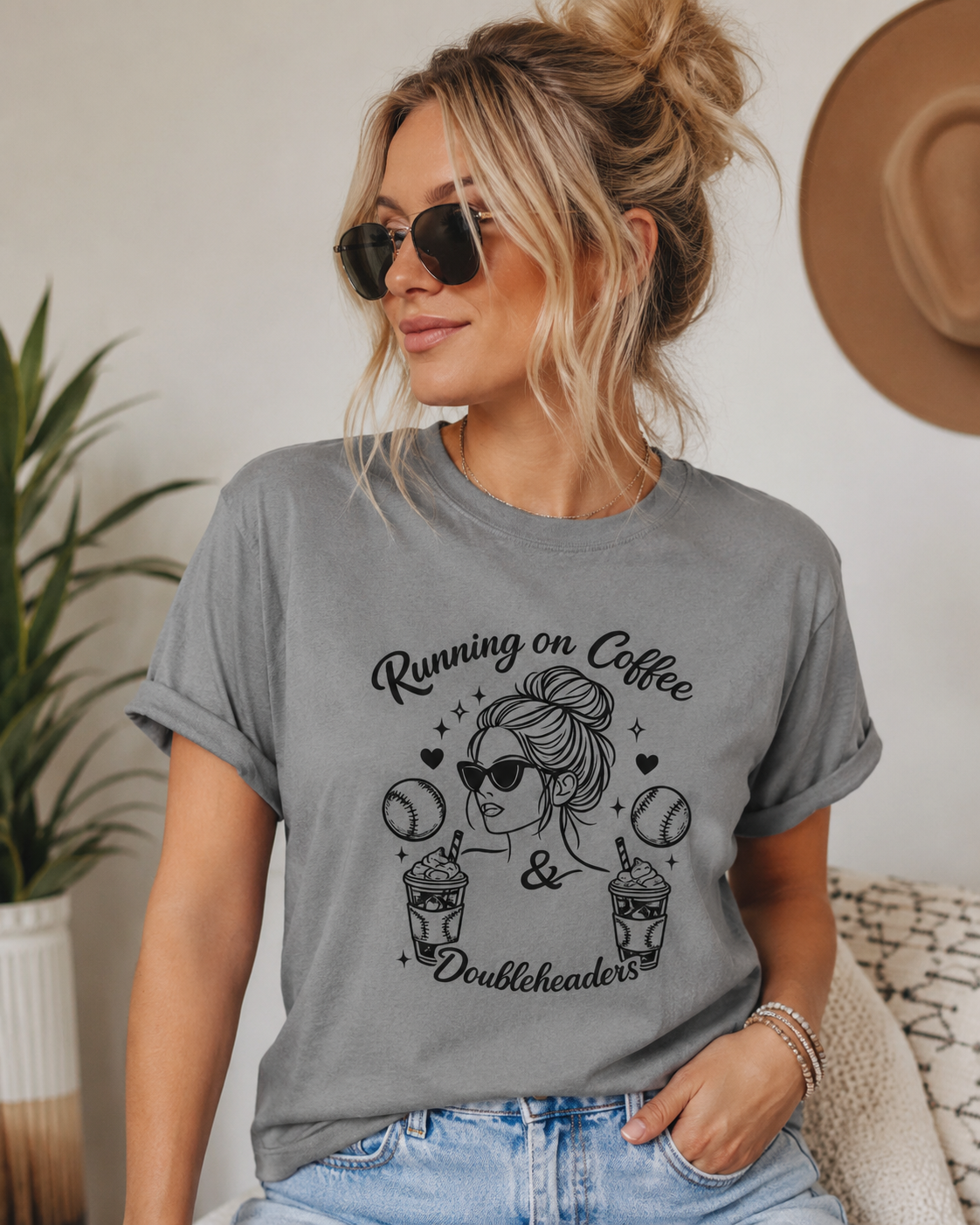 Running on Coffee & Doubleheaders T-Shirt – Softball/ Baseball Mom Graphic Tee