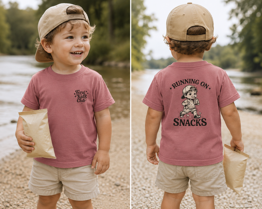 Running on Snacks Toddler Tee — “Feral Kids Club” Minimal Chest Logo