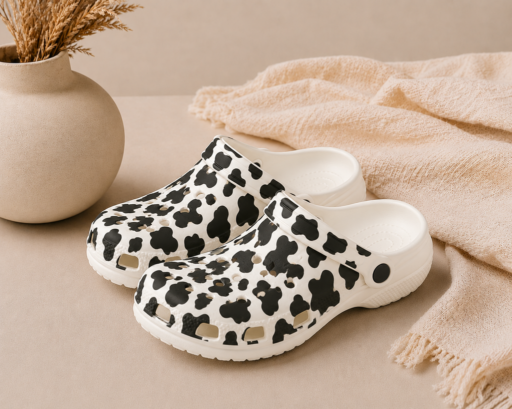 Cow Print Foam Clogs — Lightweight Slip-On Shoes