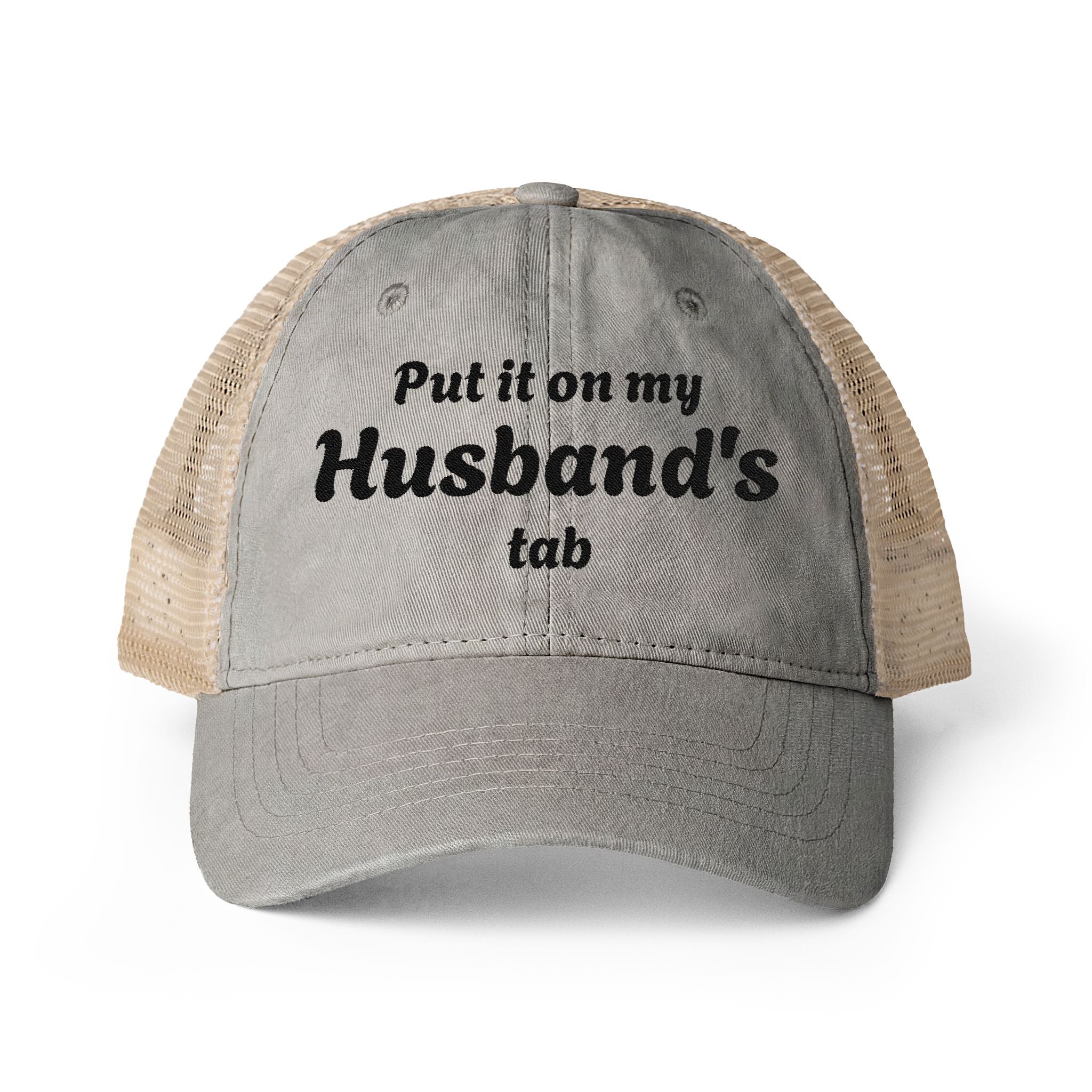 "Put in on my Husband's Tab" Women's Washed Mesh-Back Cap