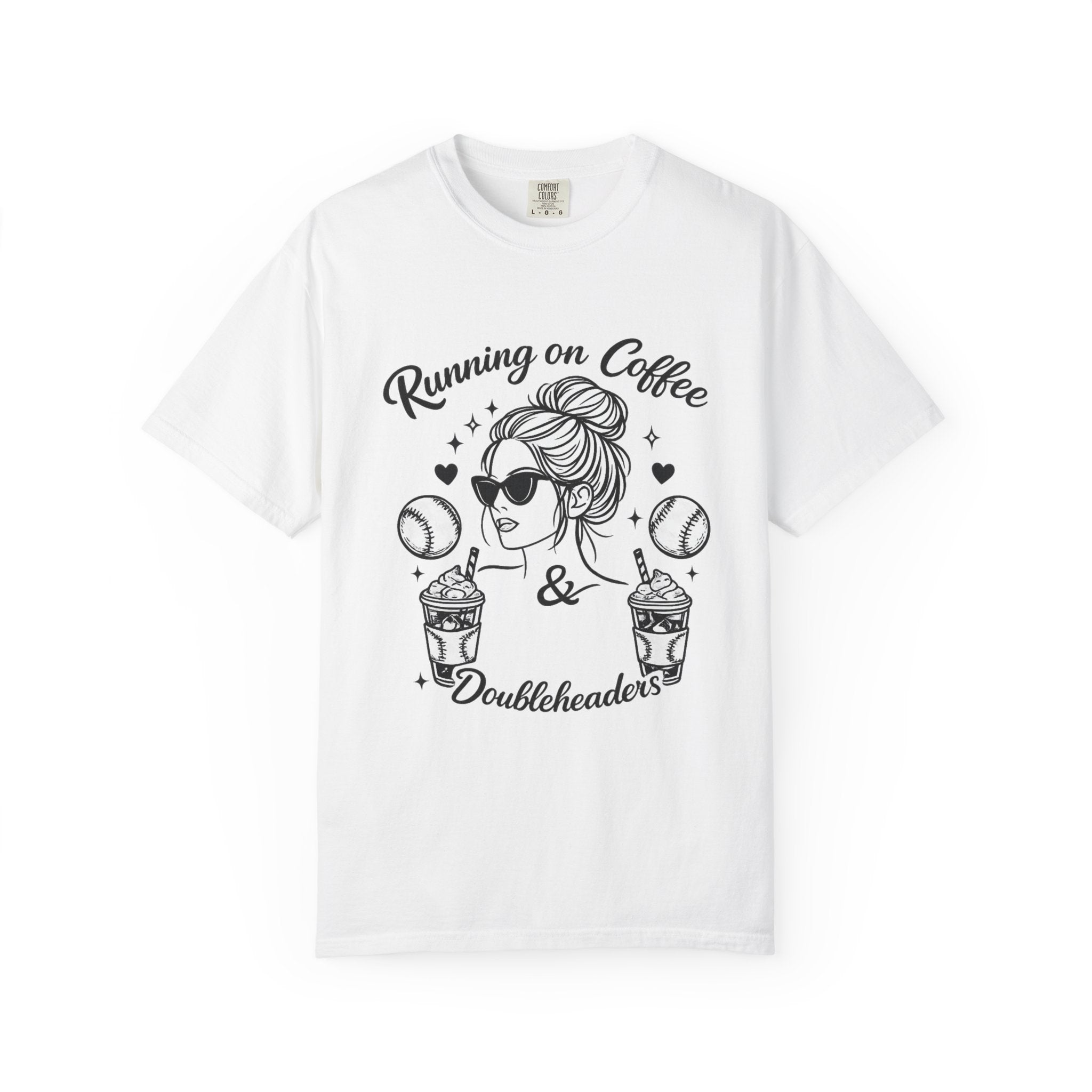 Running on Coffee & Doubleheaders T-Shirt – Softball/ Baseball Mom Graphic Tee