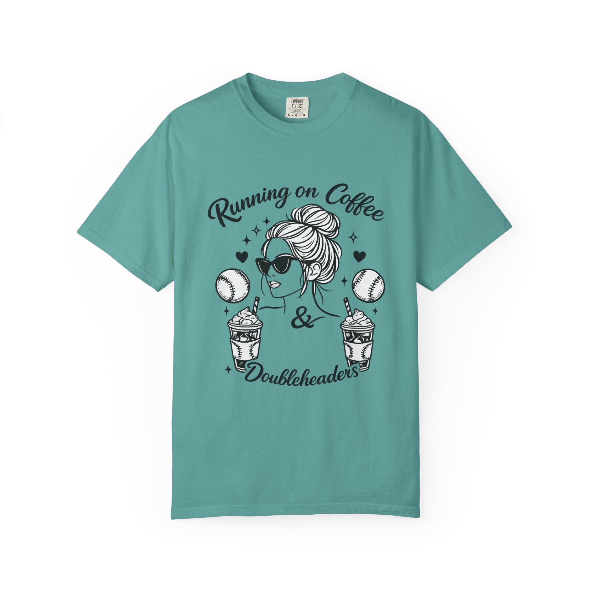 Running on Coffee & Doubleheaders T-Shirt – Softball/ Baseball Mom Graphic Tee