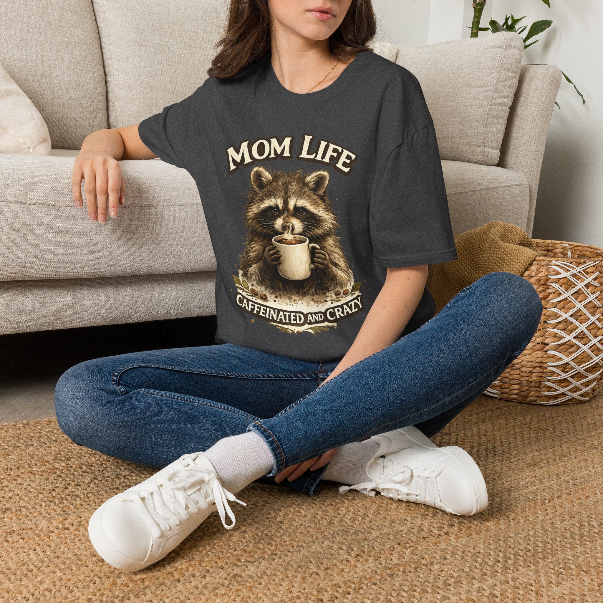 Mom Life T-Shirt — 'Caffeinated and Crazy' Raccoon Mom Tee