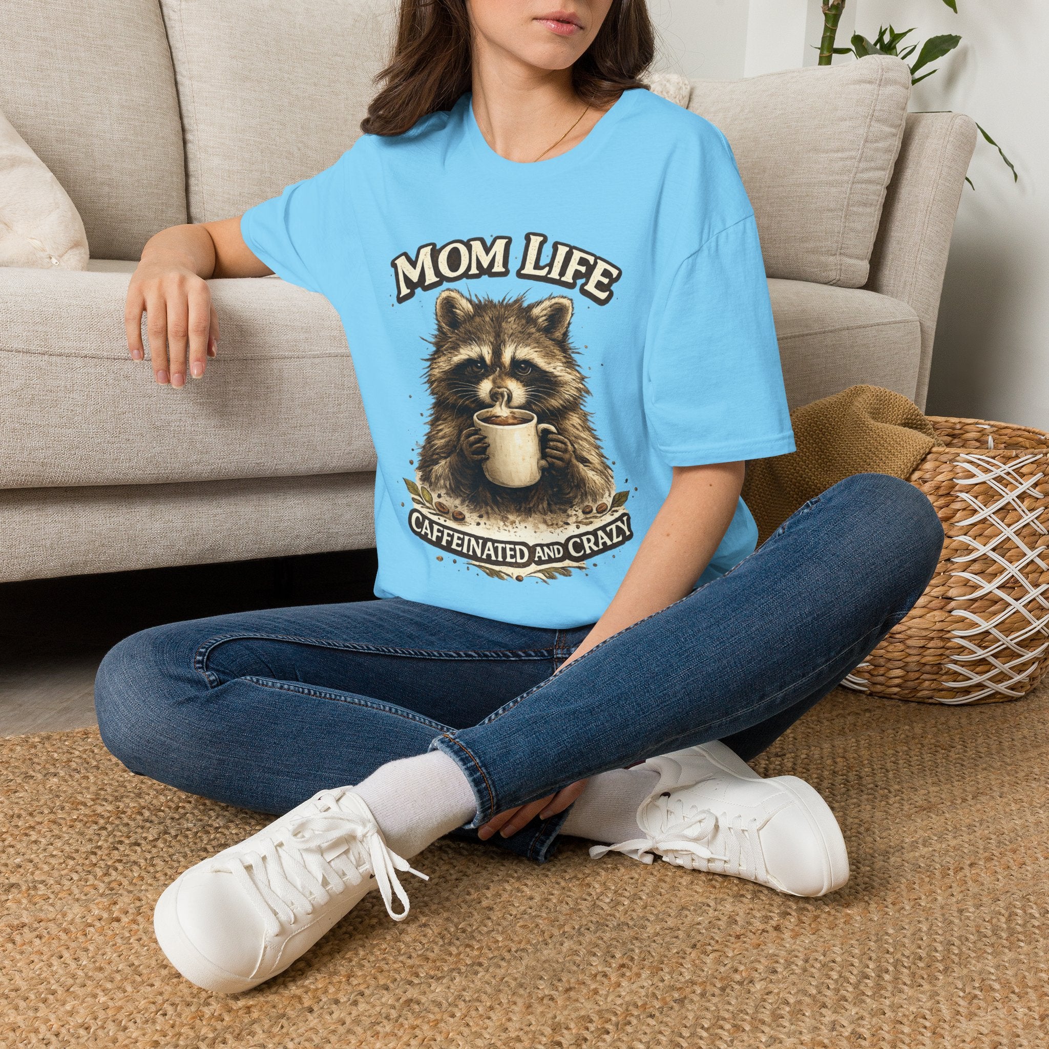 Mom Life T-Shirt — 'Caffeinated and Crazy' Raccoon Mom Tee