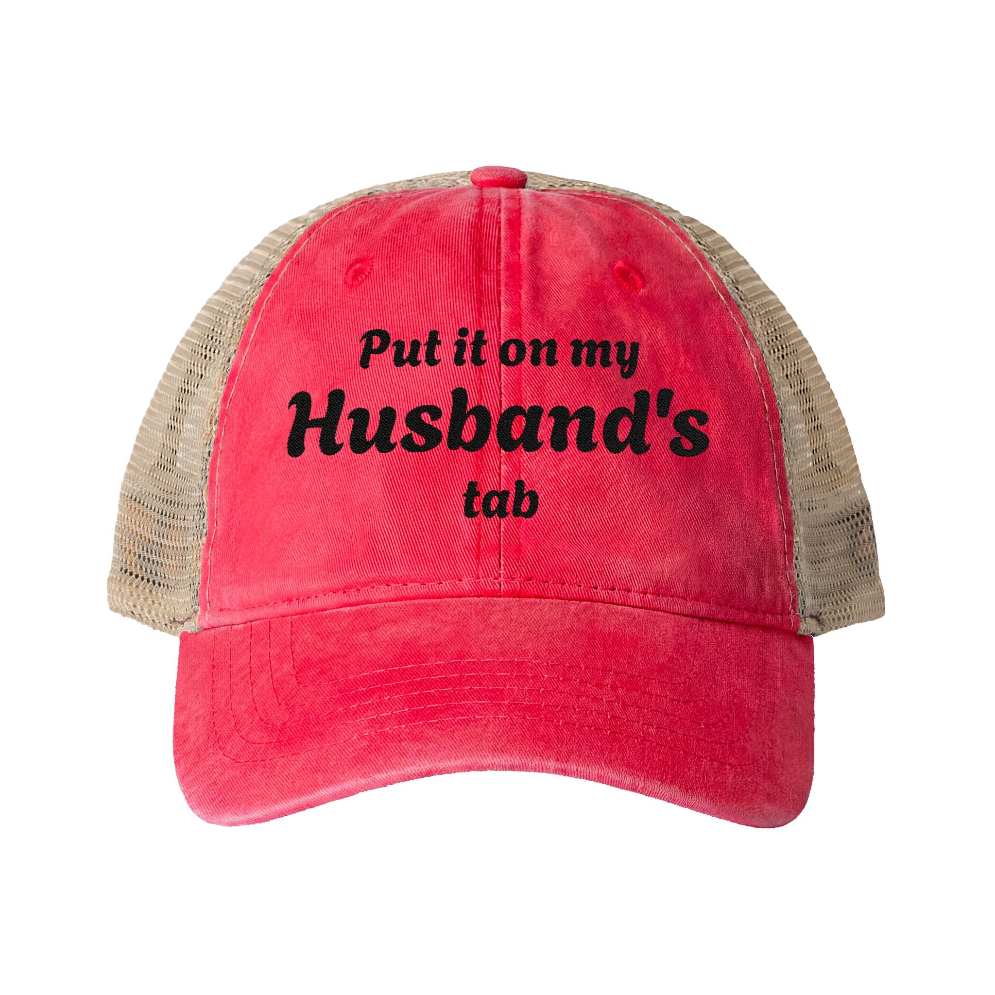 "Put in on my Husband's Tab" Women's Washed Mesh-Back Cap