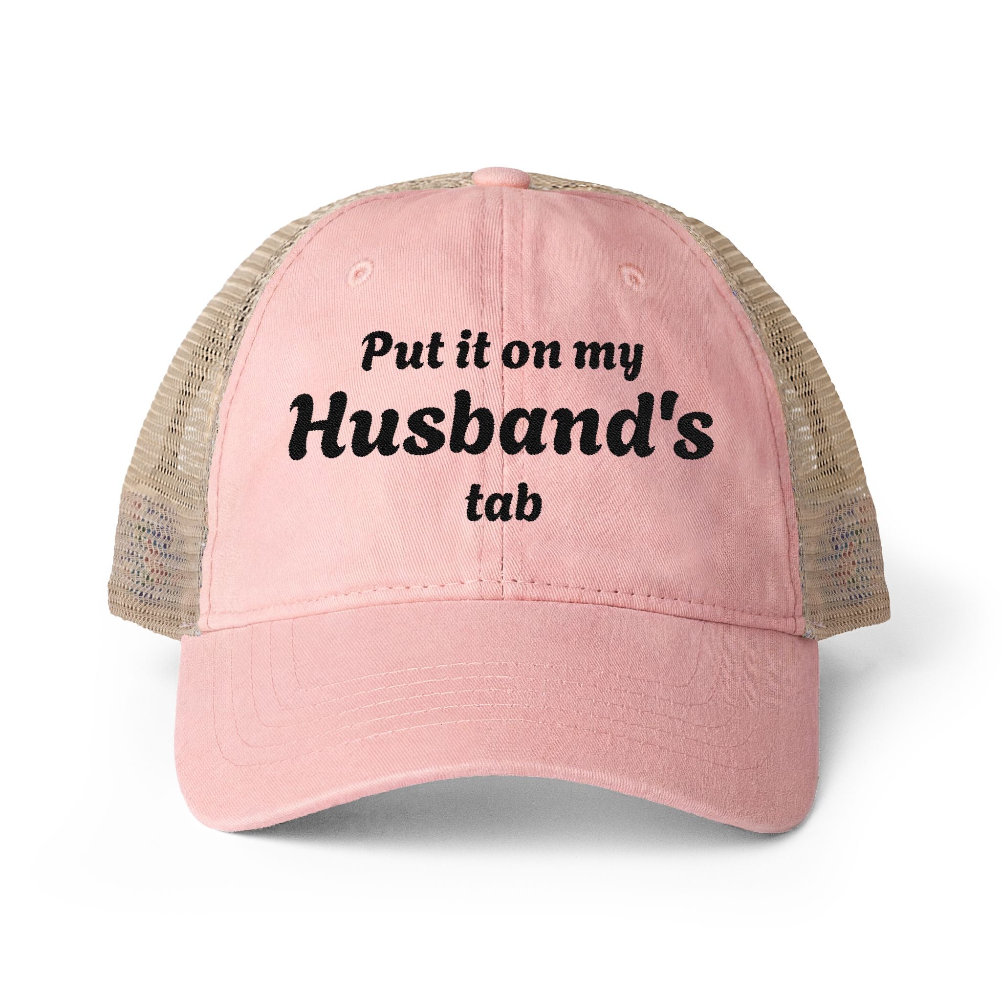 "Put in on my Husband's Tab" Women's Washed Mesh-Back Cap