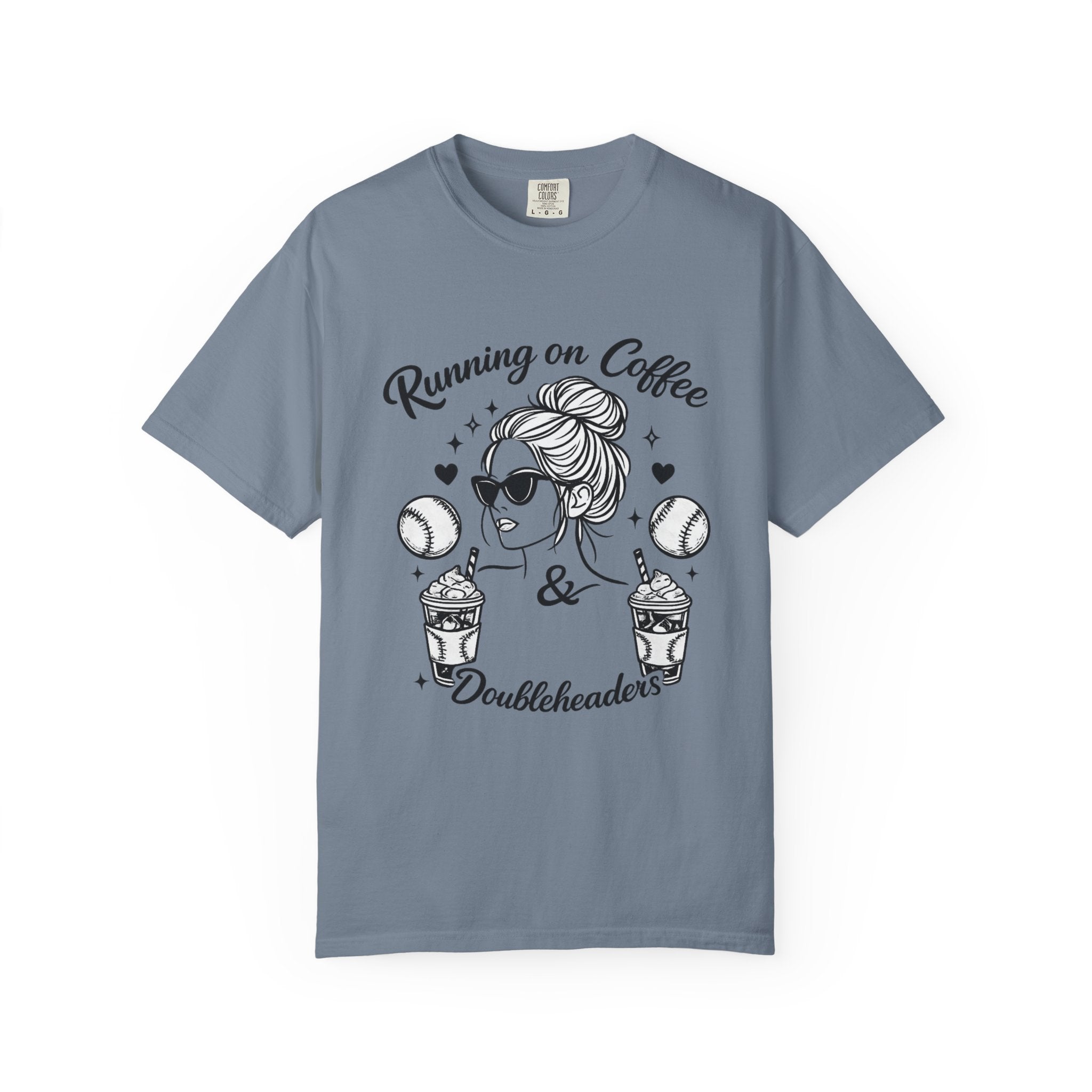 Running on Coffee & Doubleheaders T-Shirt – Softball/ Baseball Mom Graphic Tee