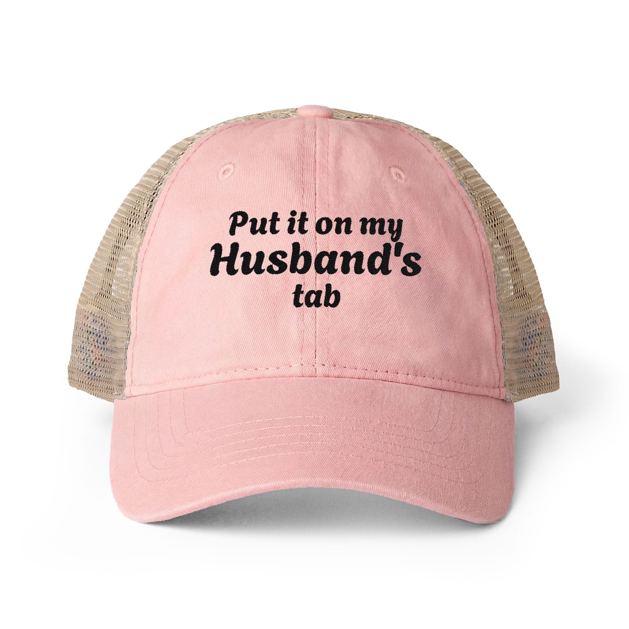 "Put it on my Husband's Tab" Women's Washed Mesh-Back Cap