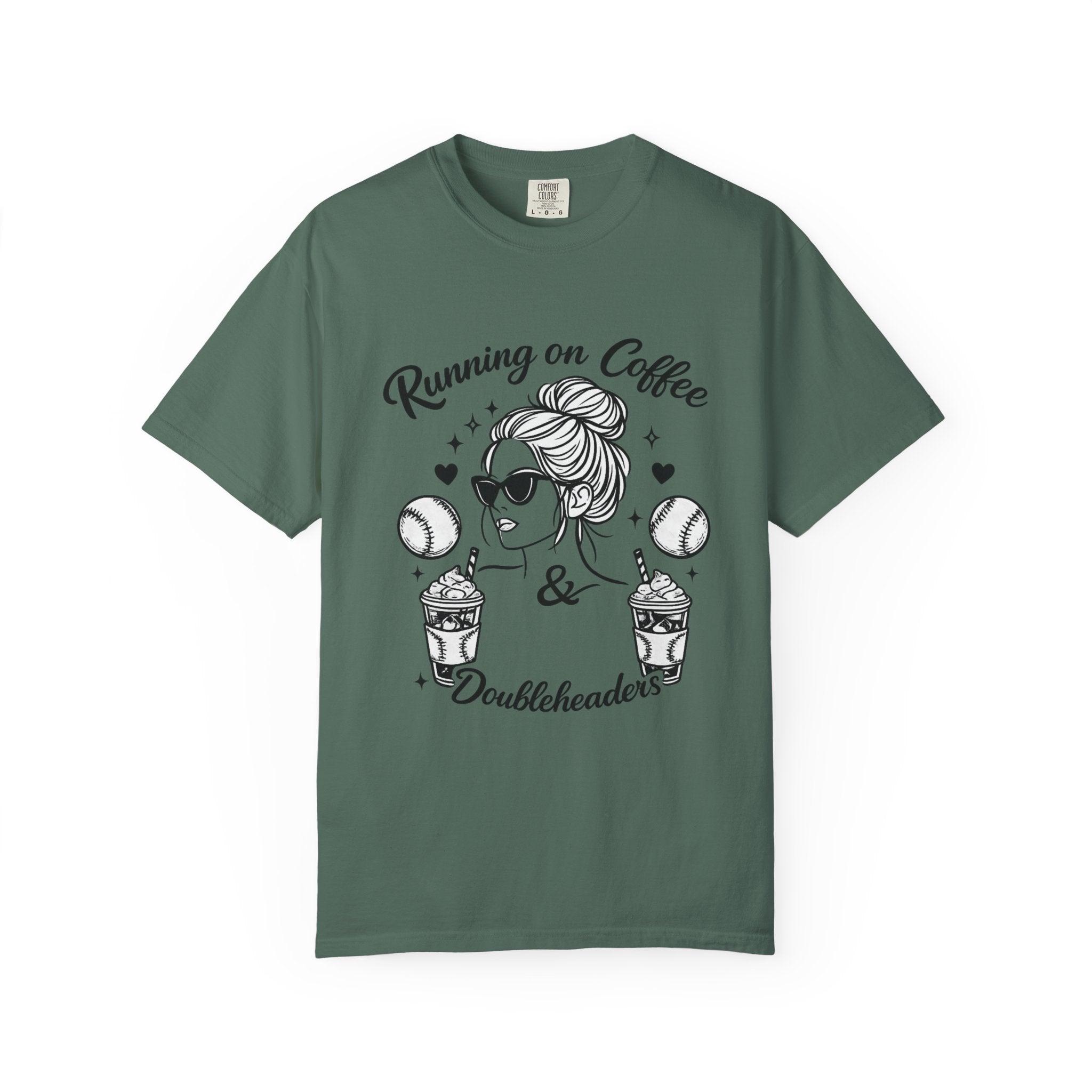 Running on Coffee & Doubleheaders T-Shirt – Softball/ Baseball Mom Graphic Tee