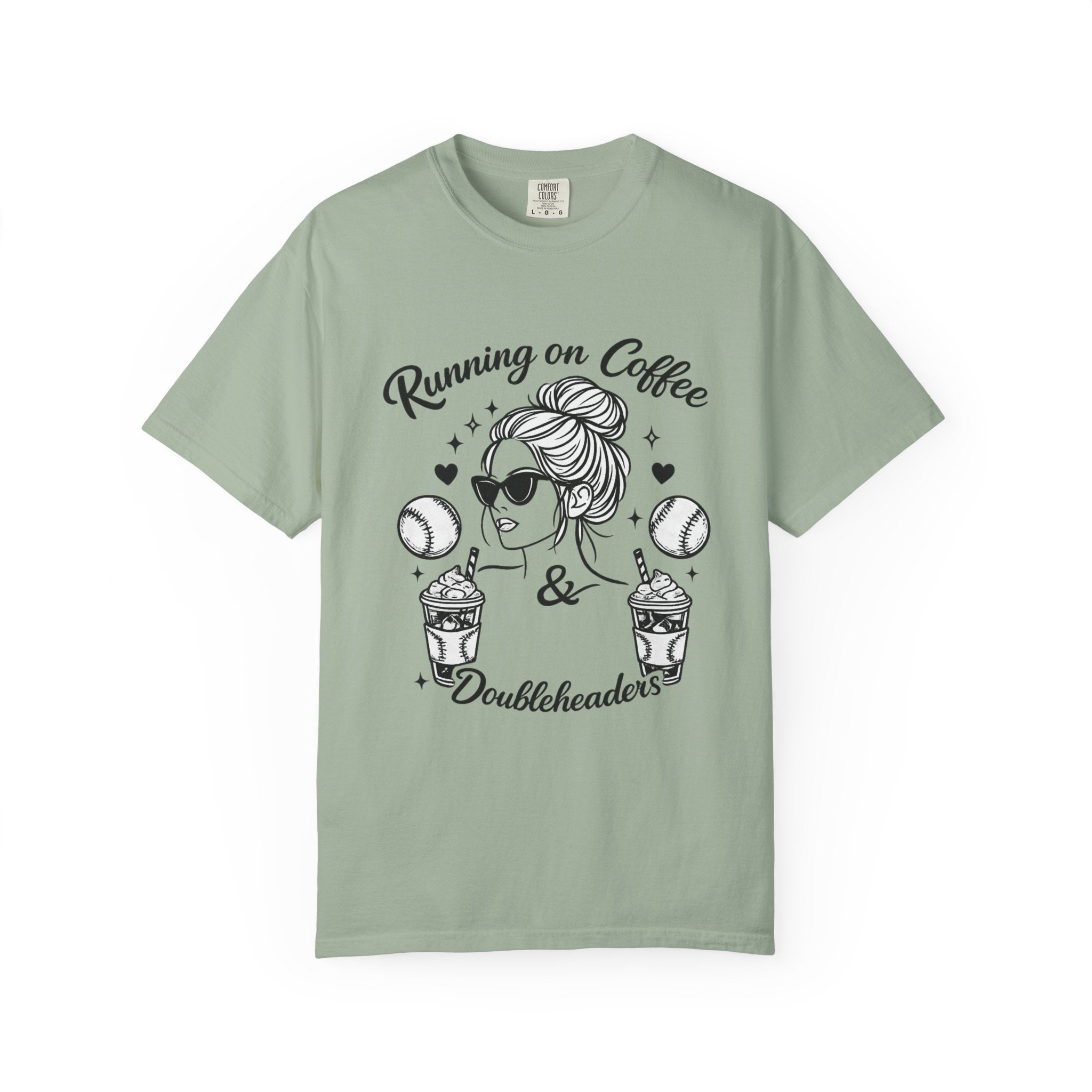 Running on Coffee & Doubleheaders T-Shirt – Softball/ Baseball Mom Graphic Tee