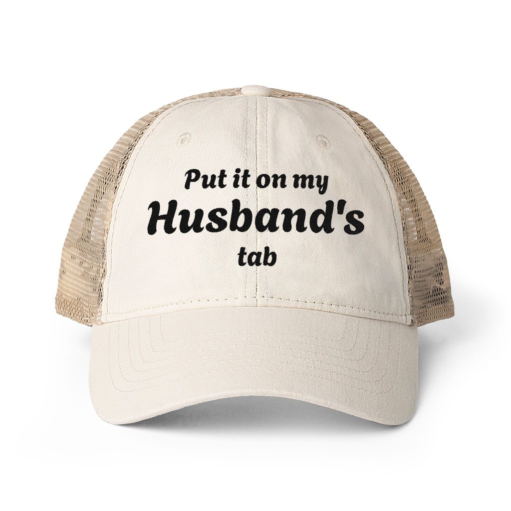 "Put in on my Husband's Tab" Women's Washed Mesh-Back Cap