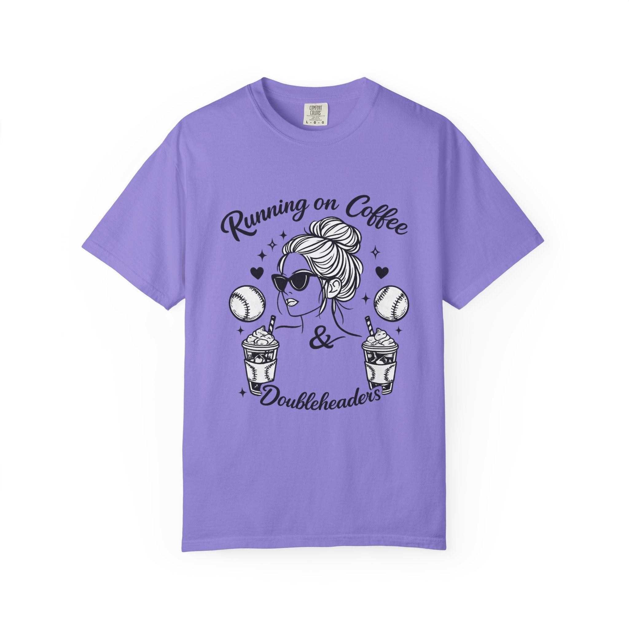 Running on Coffee & Doubleheaders T-Shirt – Softball/ Baseball Mom Graphic Tee